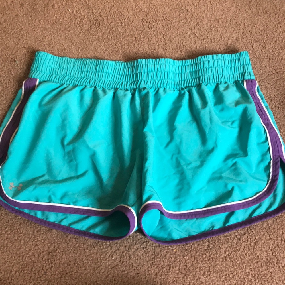 under armour turquoise and purple running shorts